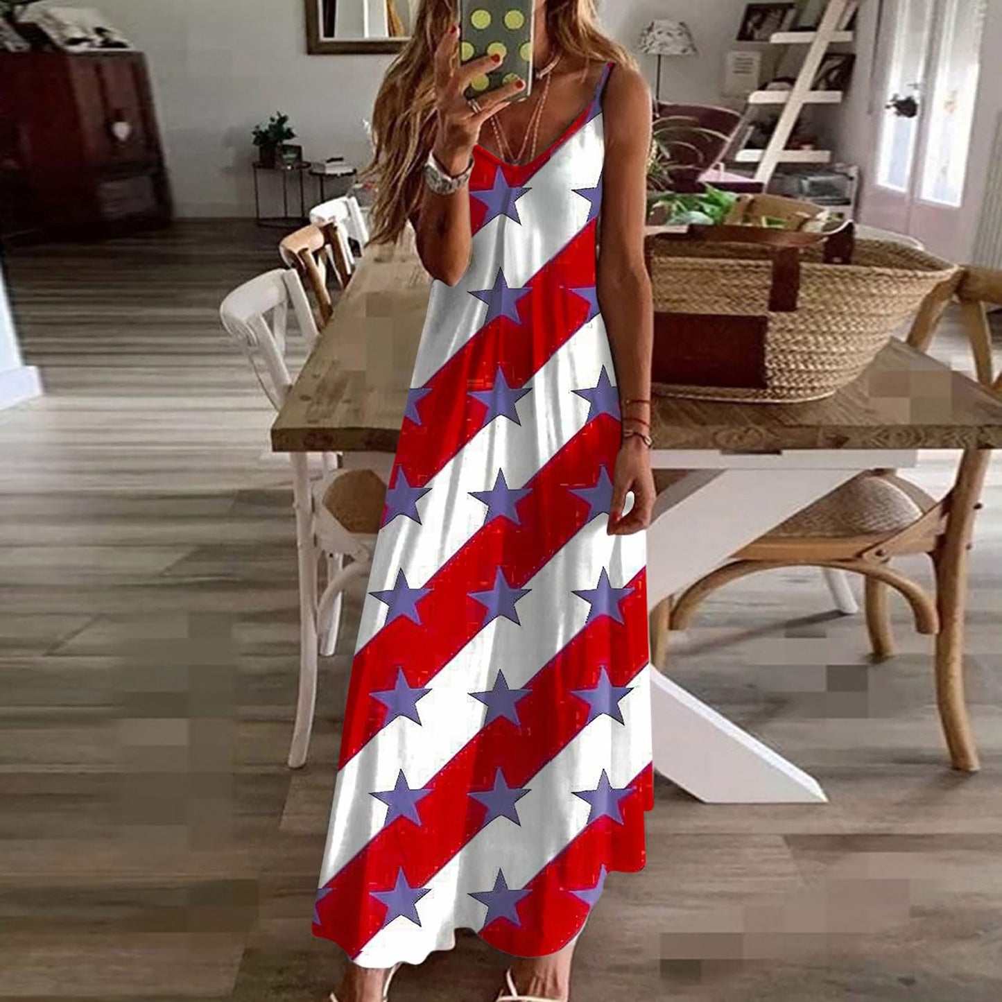 Deal of The Day Prime Today Only Summer Dresses for Women 2024 Trendy Stars Strips Printed Sleeveless V Neck Patriotic Sundress 4th of July Maxi Dress