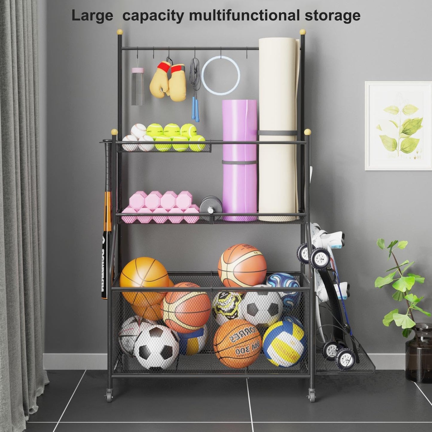 MOMINGXPENG Garage storage, Garage Sports Equipment Organizer Rack for Home Gym Black Rolling Basketball Holder sports equipment storage Indoor/Outdoor