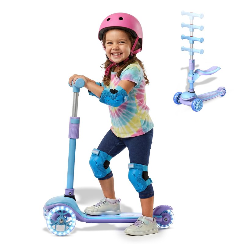 091G-Z Blue Kick Scooter for Kids Ages 3-14, 3-Wheel Foldable Scooter with Adjustable Height Handlebars, LED Light-Up PU Wheels, Wide Anti-Slip Deck,Lean-to-Steer, Removable Seat, Gift for Children