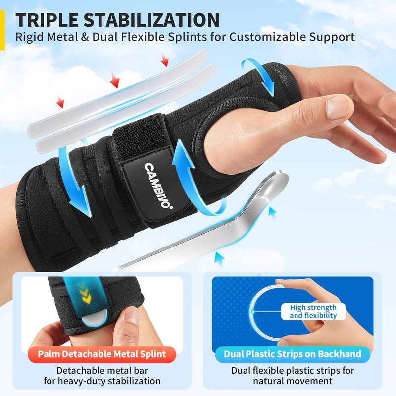 CAMBIVO Wrist Brace for Carpal Tunnel Tendonitis – Night & Day Compression Wrist Support with Removable Aluminum Splint, One-Hand Easy Adjust, Breathable Mesh, Right Hand M/L