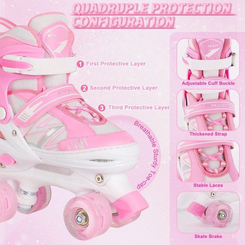 LIRENGUI Girls Roller Skates for Kids Children Beginner, Adjustable Kids Roller Skates with All Light Up Wheels for Sports, Pink & White (Medium 1-4 US)