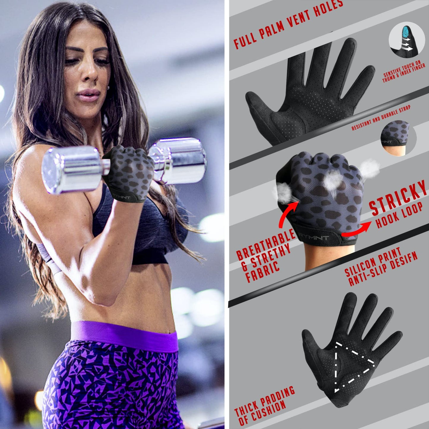 RYMNT Ventilated Workout Gloves for Women Men Full Finger.Weight Lifting Gloves with Full Palm Vent & Breathable Mesh Back for Gym, Weightlifting, Fitness, Exercise,Training.Cycling.Leopard.Large