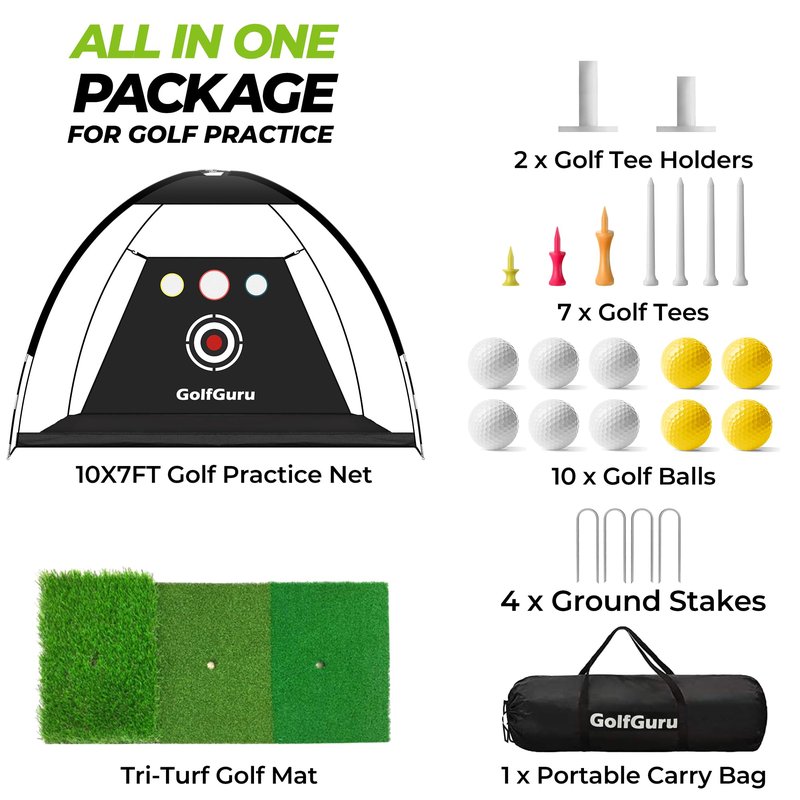 Golfguru All in 1 Golf Practice Net - 10x7ft Tri-Turf Mat, Impact Target, 10 Balls, 7 Tees, Carry Bag, Golf Net for Backyard Driving Chipping Indoor