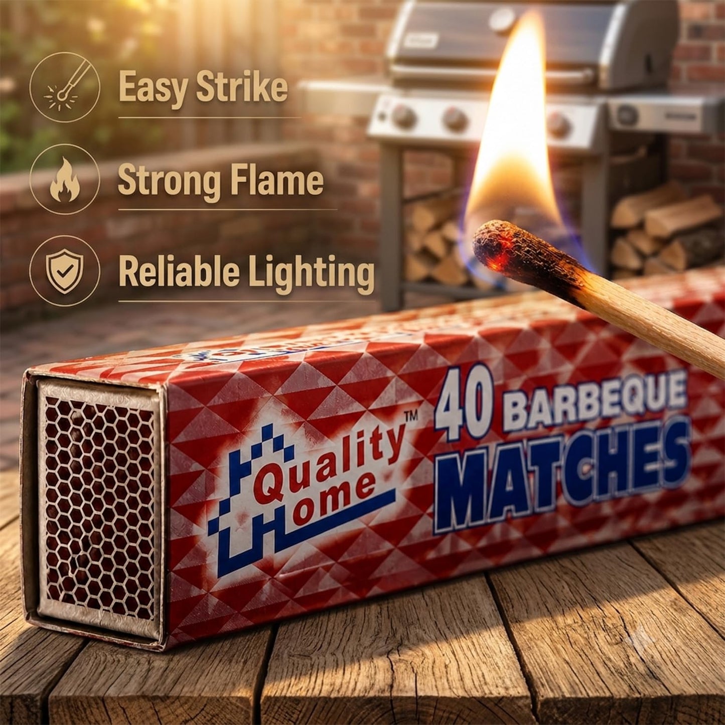 Quality Home Long Wooden Fireplace Matches for Candles, Camping, BBQ Grilling - 11" Matches, 40 in Each Box (3)