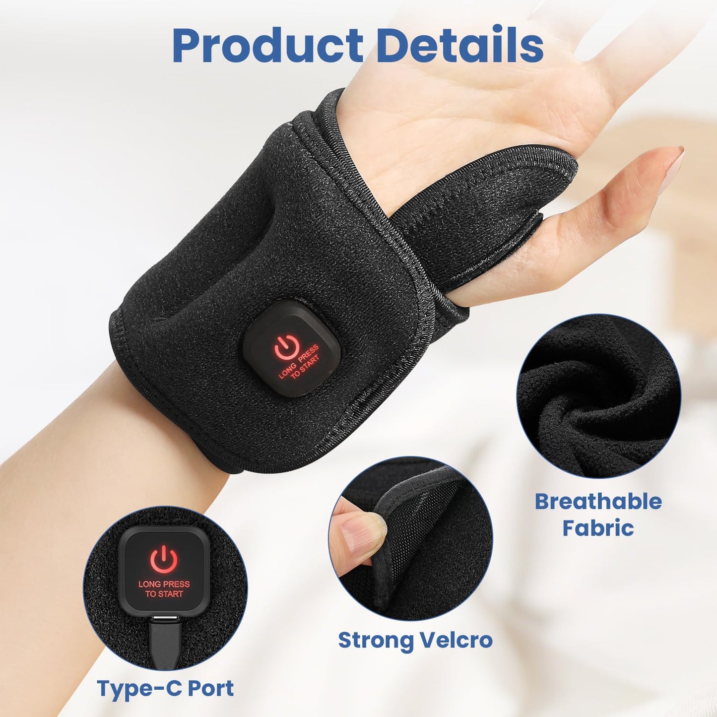 Auccipal Wrist Heating Pad, Heated Wrist Wrap for Arthritis Carpal Tunnel Tenosynovitis Relief, 3 Temperature Levels with 3000 mAh Rechargeable Battery (Black)
