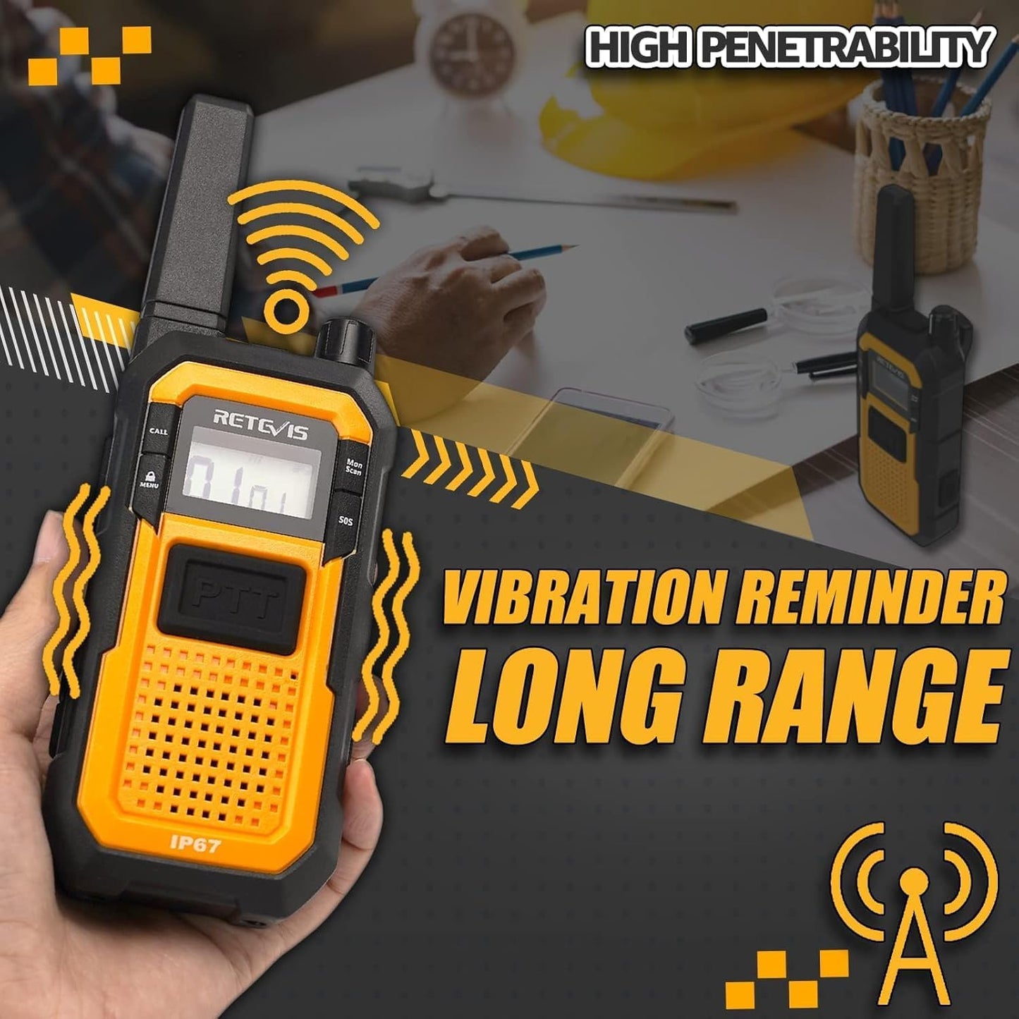 Retevis Walkie Talkies - Long Range Waterproof Two Way Radios with Earpiece | 2000mAh, VOX, NOAA (2 Pack)