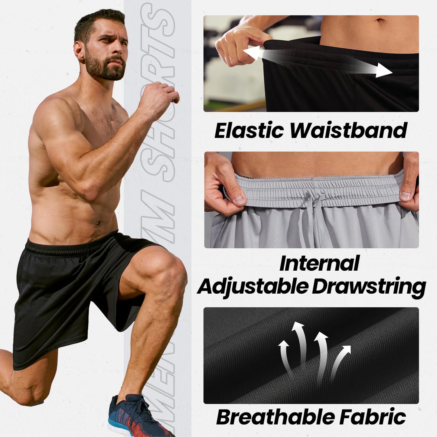 BALENNZ Athletic Shorts for Men with Pockets and Elastic Waistband Quick Dry Activewear Black
