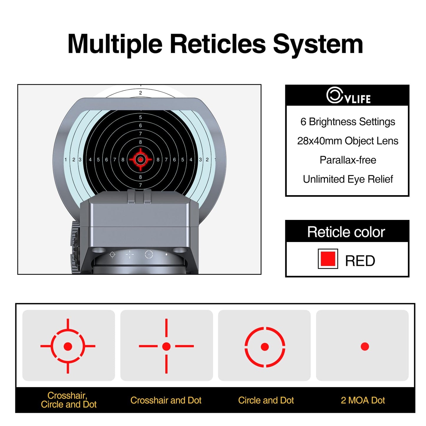CVLIFE Reflex Sight, 1x28x40mm Red Dot Sight, 4 Adjustable Reticles Sight for 20mm Picatinny Rail, Red Dot Optics, Absolute Co-Witness Silver