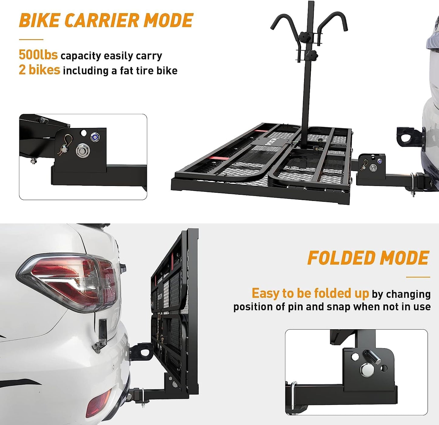 Wildroad Hitch Cargo Carrier with Bike Rack 60" x 24" x 14" Hitch Mount Cargo Carrier 2 Bikes 500 LBS Capacity Folding Hitch Bike Rack for Standard, Fat Tire and Electric Bike Fits 2" Receiver