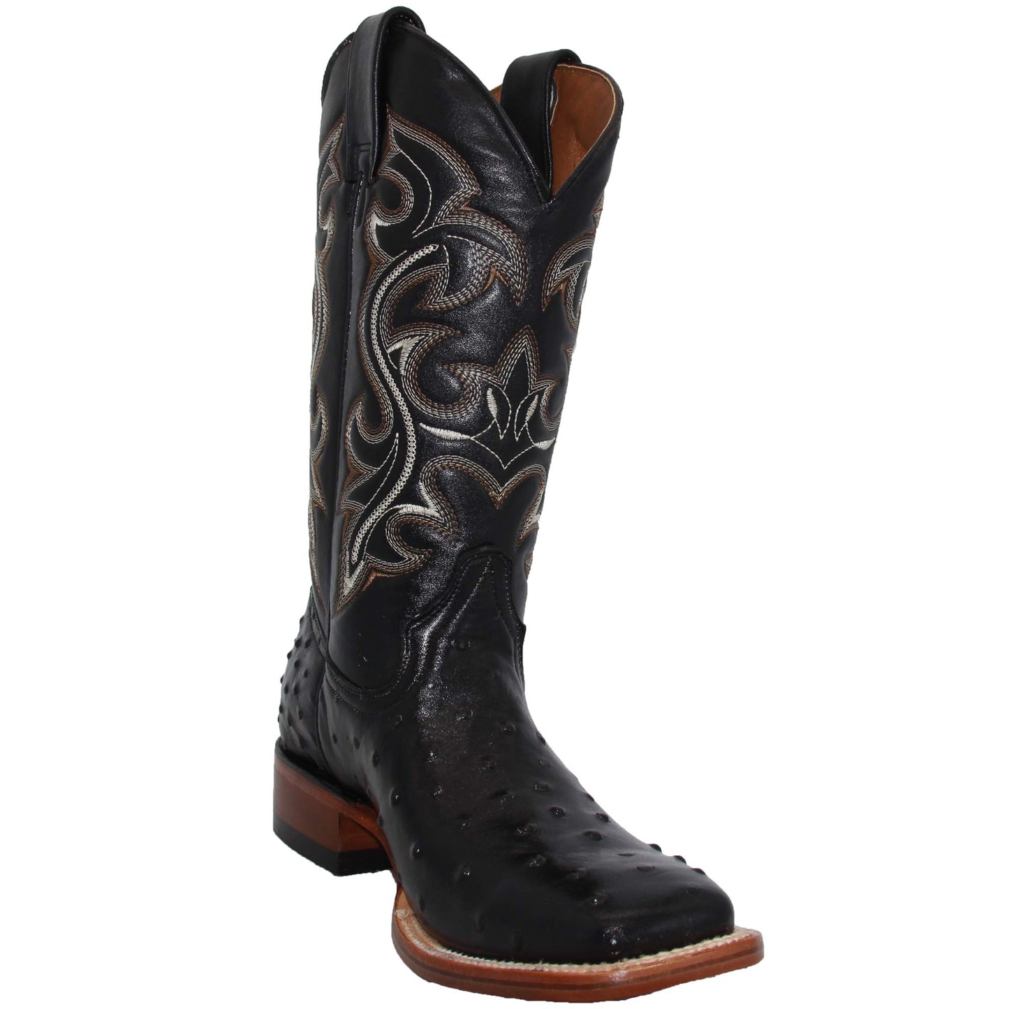 Western Shops Mens Genuine Cowhide Leather Quill Ostrich Print Western Cowboy Square Toe Rodeo Boots (7, Black)