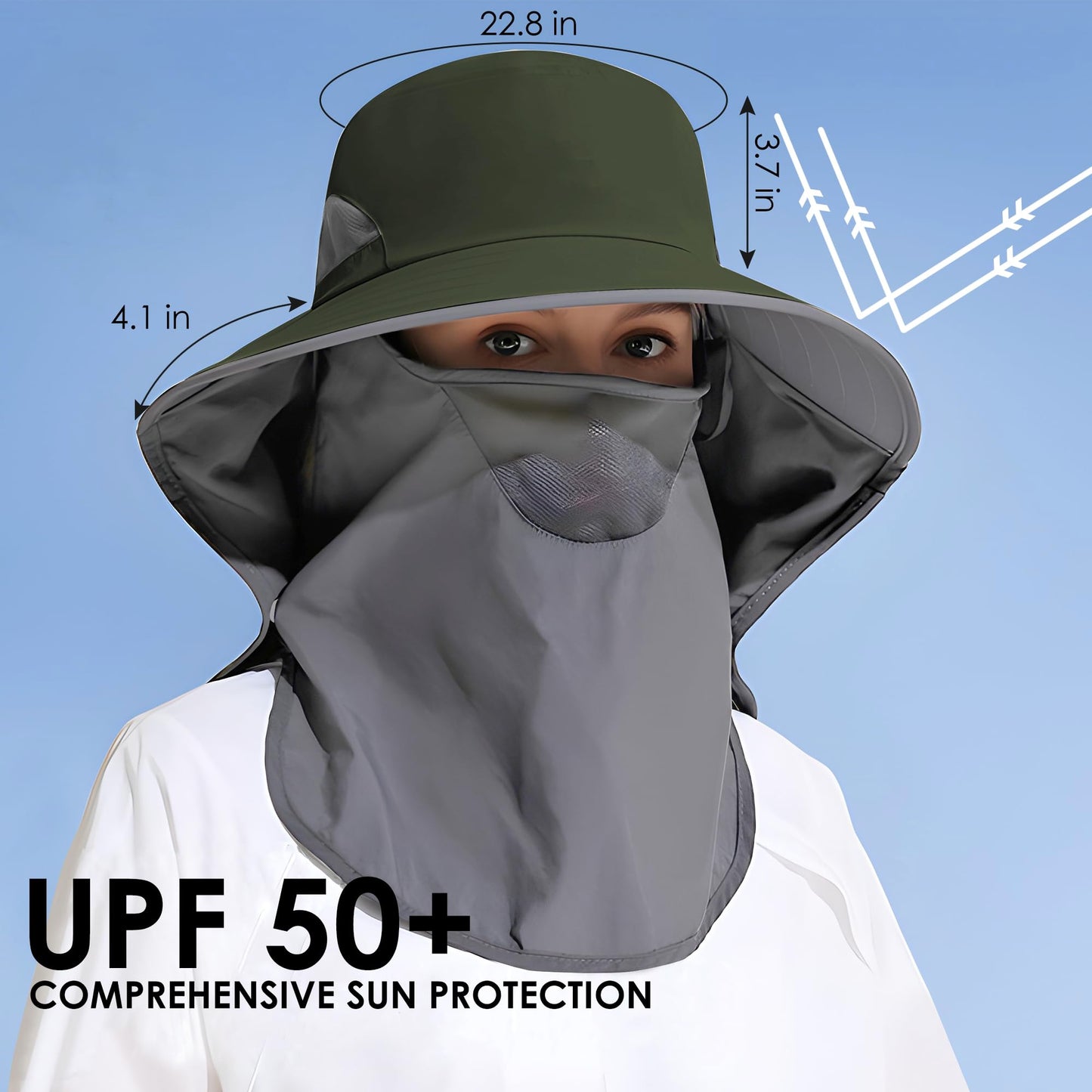 Outdoor Sun Hat Detachable Neck Face Flap UPF 50+UV Protection Visor Fishing Hats with Neck Flap for Men & Women Green