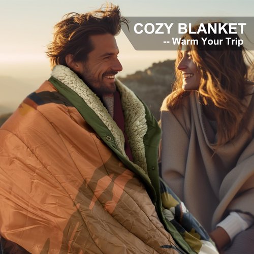 Kawagebo Sherpa Fleece Outdoor Camping Blanket with Packable Waterproof Bag - 3 in 1 Soft Warm Throw Wearable Camp Blanket, Puffy Ultralight Camping Blankets for Sleeping, Travel 56"x 78"