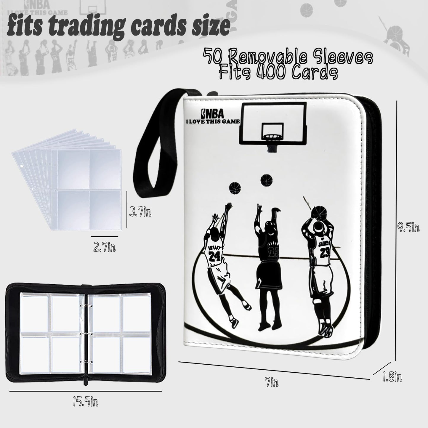 Basketball Card Binder - 400 Capacity 4-Pocket Trading Card Album, 3 Ring Card Holder Binder, Waterproof PU Leather, Zip Closure, Perfect Christmas Birthday Gift for Collectors