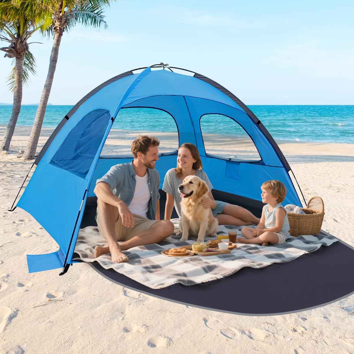 NXONE Beach Tent Sun Shade Shelter for 2-3 Person with UV Protection, Extended Floor, 3 Mesh Roll Up Windows & 8.0mm Fiberglass Rods丨Carry Bag Included (Sky Blue)