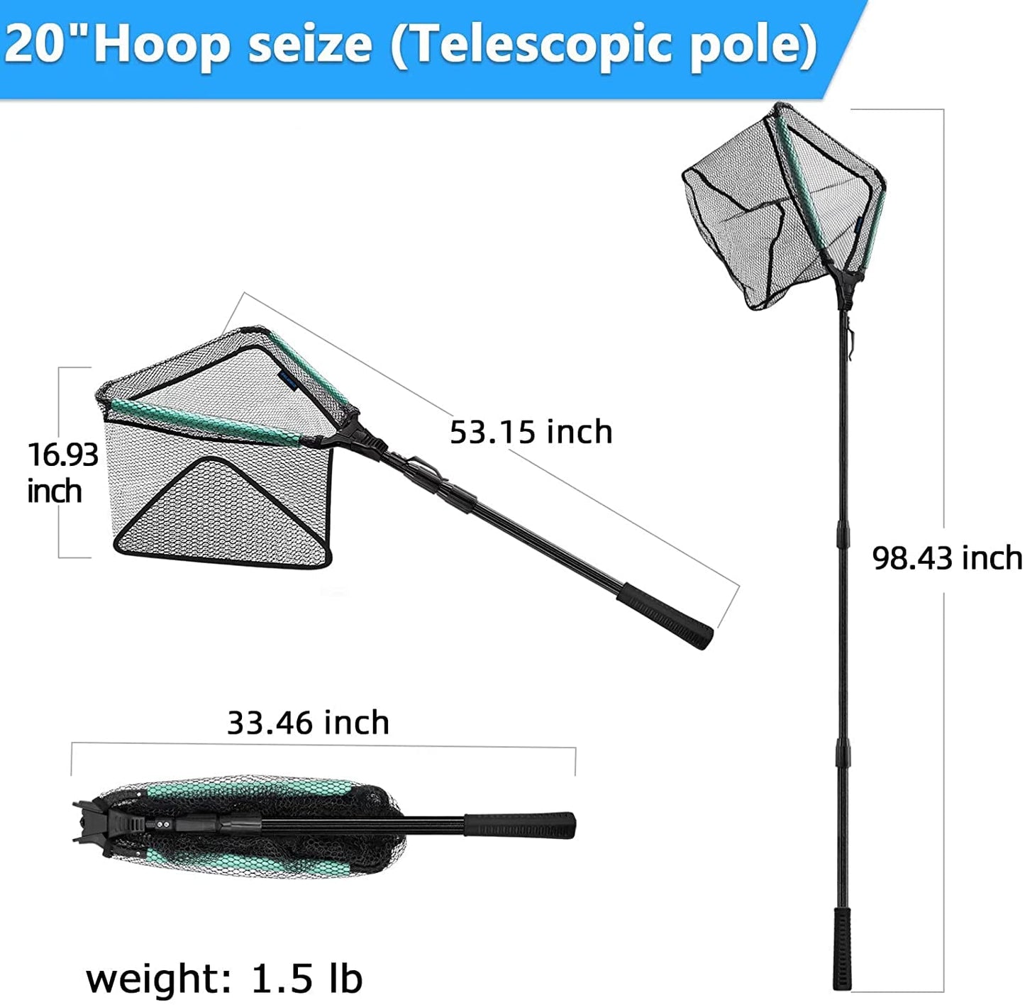 KOMCLUB 98in Black Floating Landing Net, Folding Telescoping Fishing Net‌