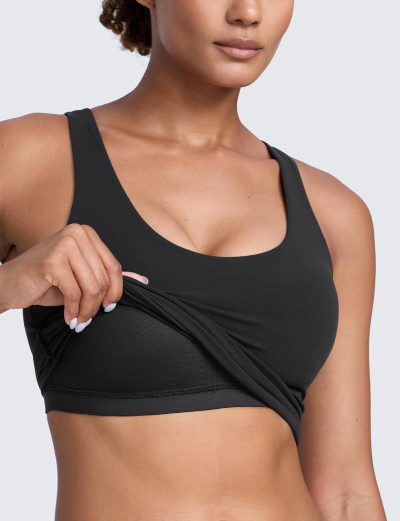 CRZ YOGA Butterlift Racerback Crop Tank Tops for Women - U Neck Yoga Padded Longline Sports Bras Pilates Workout Black Medium