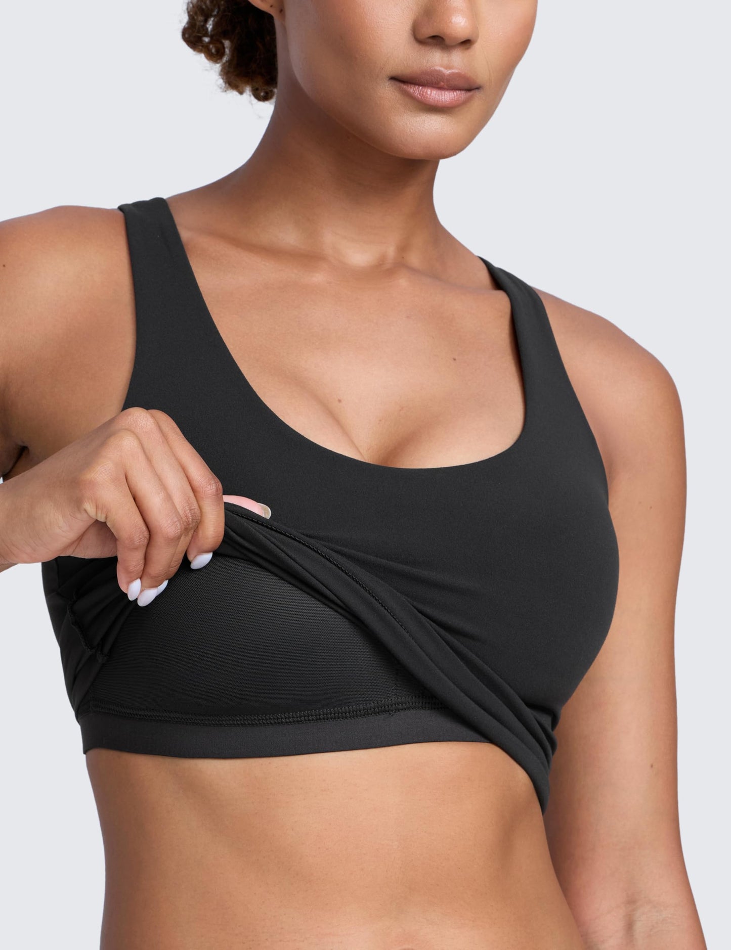 CRZ YOGA Butterlift Racerback Crop Tank Tops for Women - U Neck Yoga Padded Longline Sports Bras Pilates Workout Black Large
