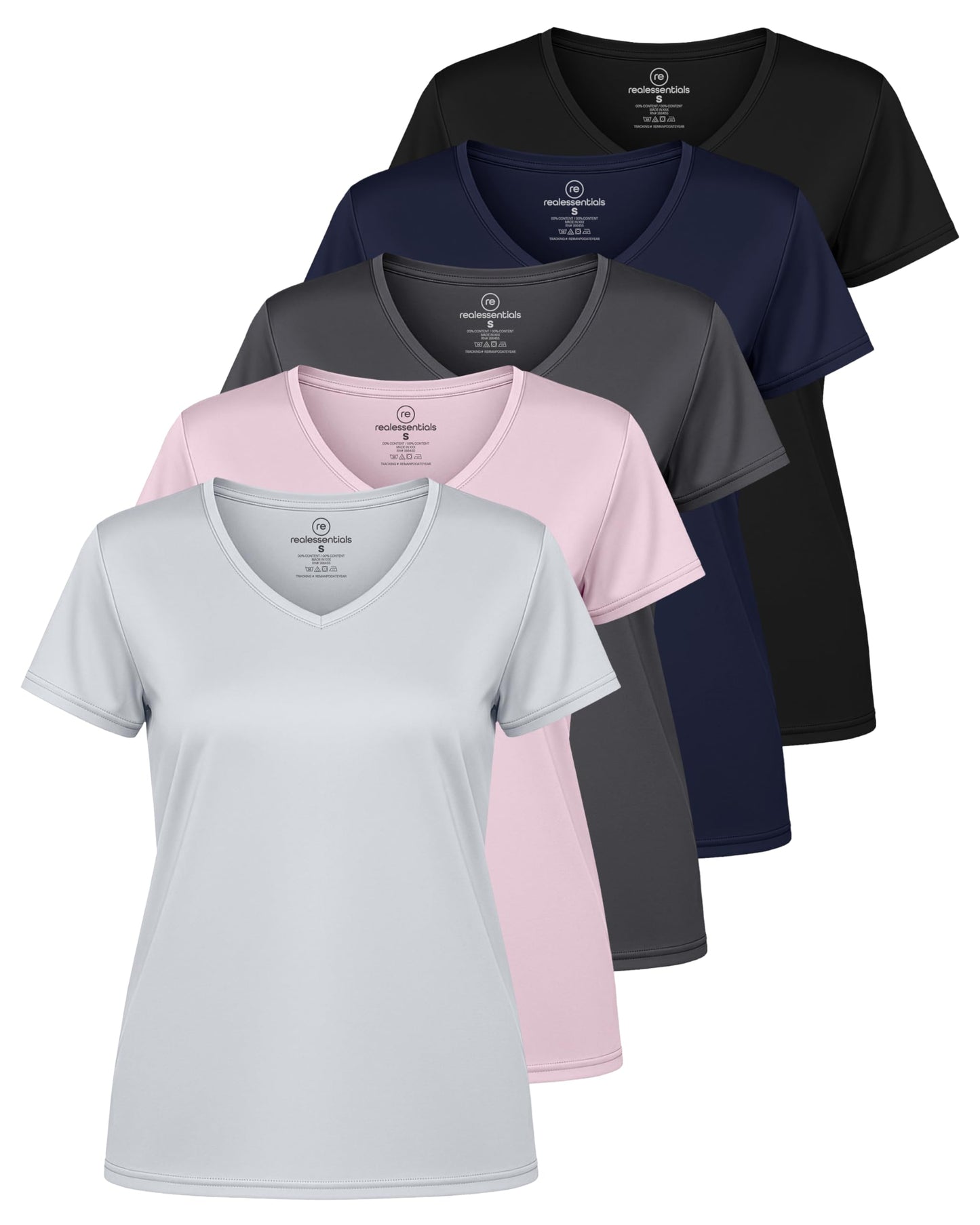 Real Essentials 5 Pack: Women's Dry-Fit Short Sleeve V Neck T Shirt Workout Fitness Yoga Top Tee, Set 6, XXL