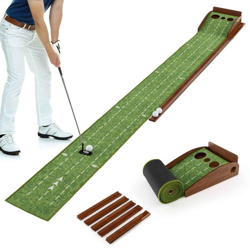 GYMAX Putting Mat, Golf Putting Green Indoor with 2/3 Hole, Golf Practice Mat with Auto Ball Return, Golf Training Aid Putter Alignment for Home Office, Golf Accessories Gift (Auto Return, 3 Holes)