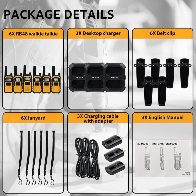 Retevis RB48 Long Range Walkie Talkies - IP67 Waterproof, Heavy Duty | 2000mAh Battery, 6 Pack for Job Sites