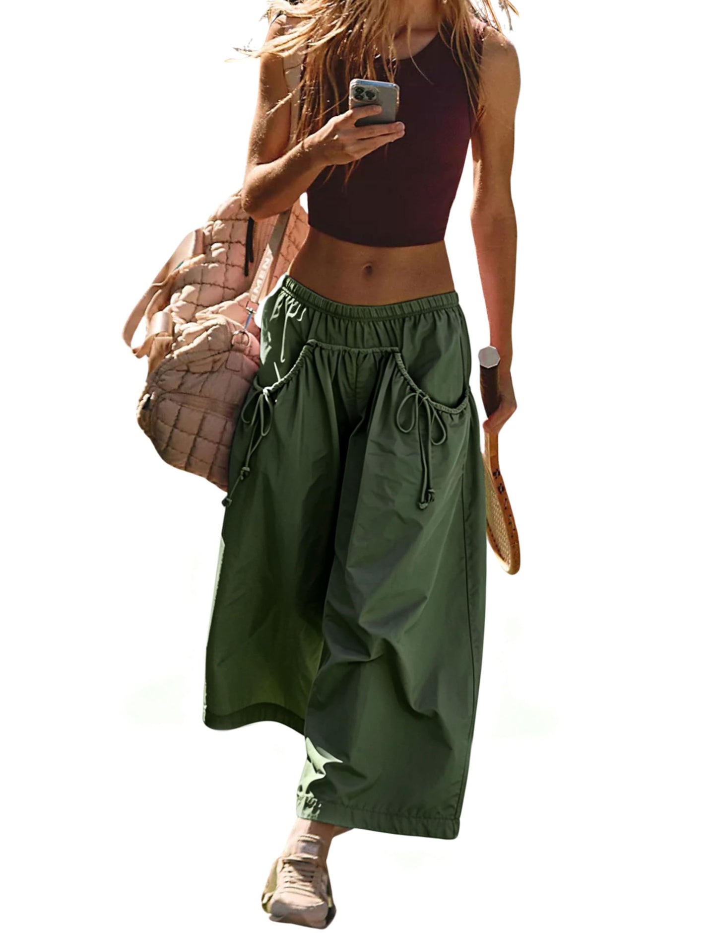 Hooever Women's Loose Wide Leg Track Pants Drawstring Pockets Elastic Waist Capri Hiking Pants(ArmyGreen-M)