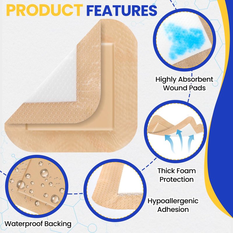 20 Pack Silicone Foam Dressing 4"x4" with Adhesive Border, High Absorbency Silicone Bandages, Waterproof Foam Bandages for Wounds Care, Bed Sore, Diabetic Foot Ulcers