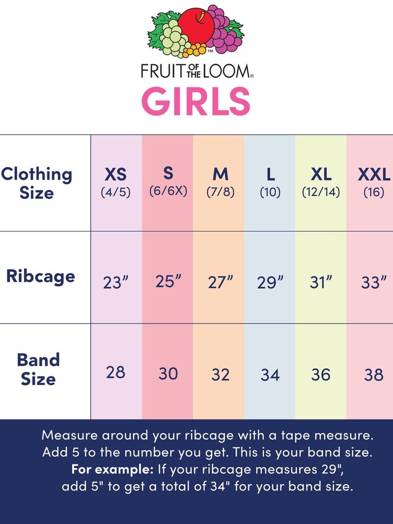 Fruit of the Loom Girls' 6-Pack Cotton Built-Up Stretch Sports Bra, Dancing Rosebud/Rose/Hyacinth/Grey/Nude/Blue, 30