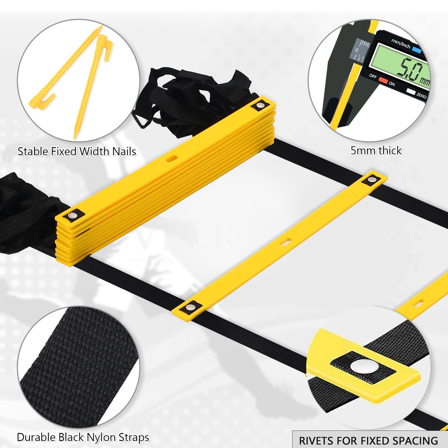 Camkinger Fixed Rung Agility Ladder 丨20ft 12 Rungs No Tangle Spped and Agility Training Equipment Footwork Ladder with Carrying Bag/Ground Stakes for Adults Youth Kids, Yellow