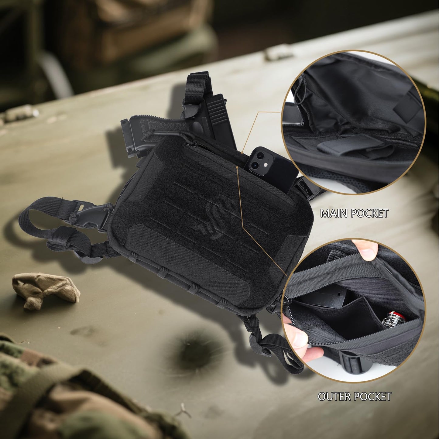 MGFLASHFORCE Tactical Chest Rig Bag for Men, Chest Pack with Holster Laser Cut EDC Molle Pouch for Workout Running Hunting Outdoor Sports, Compatible with Tactical Vest