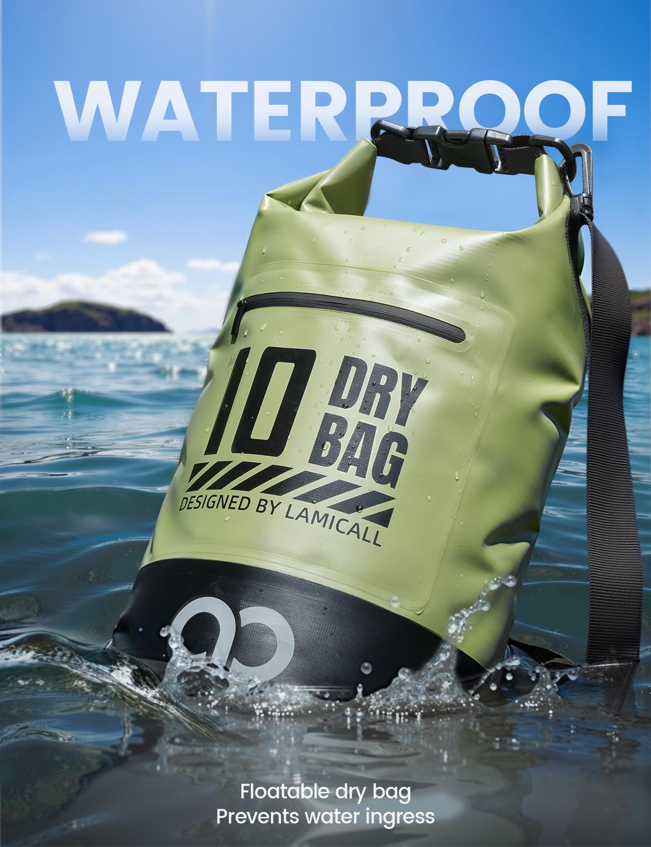 Lamicall Waterproof Dry Bag with Phone Pouch - 5L/10L/20L/30L/40L Floating Roll Top Backpack for Kayaking Boating Beach Camping Fishing - Heavy Duty 500D PVC Marine Dry Sack for Men, Women, Green 10L
