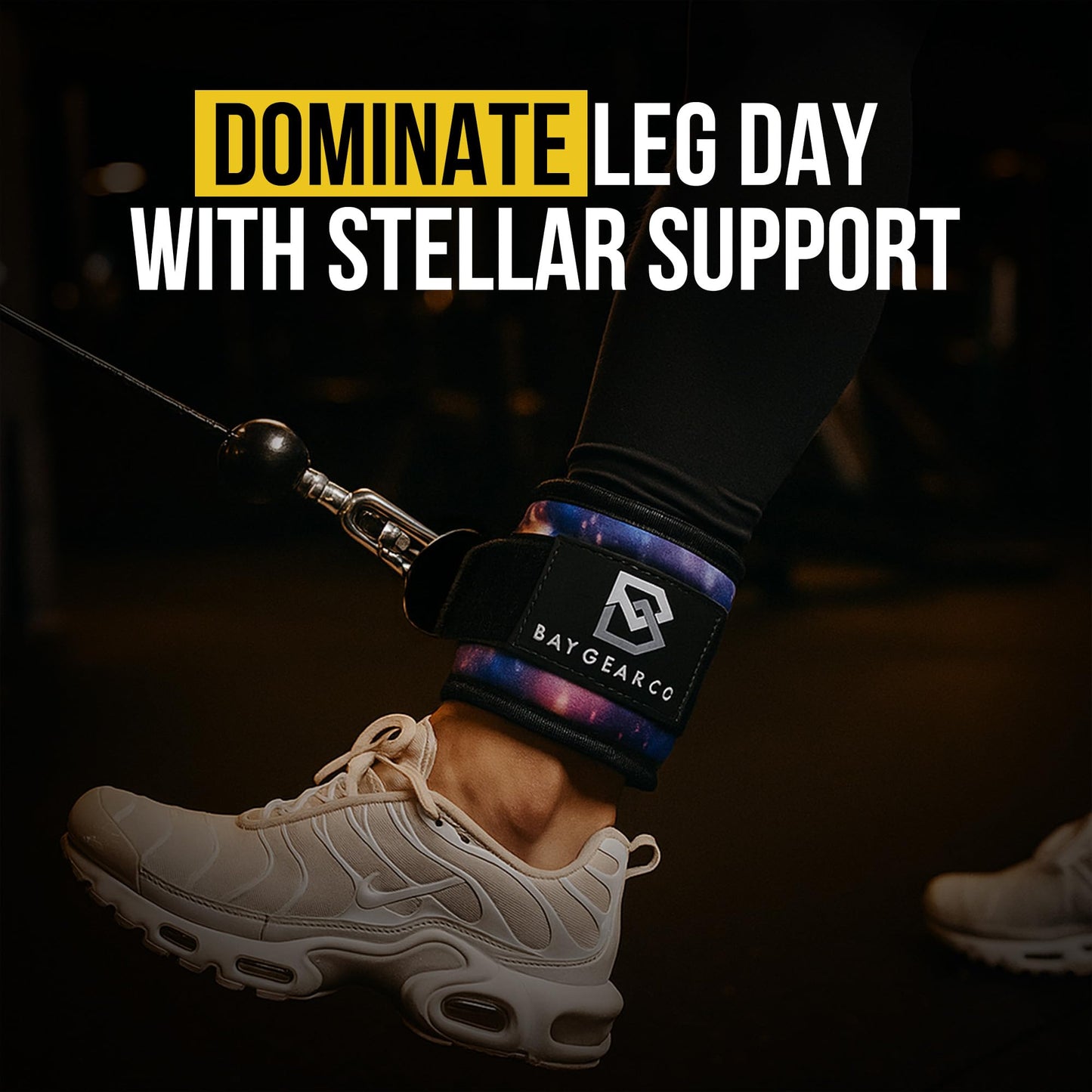 Bay Gear Co. Ankle Straps – Strong Hook and Loop System & Neoprene Padded for Cable Machine Glute Workouts, Slick Black Stainless Steel D Ring, Adjustable Fit for Men & Women, Galaxy, Single