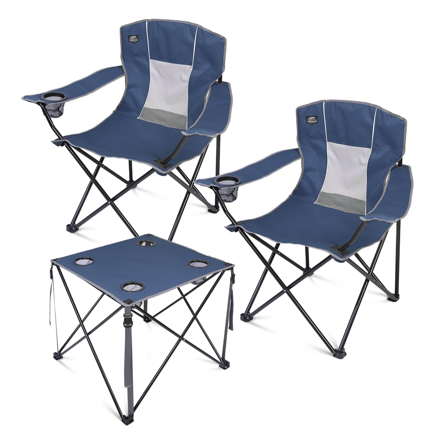 LANMOUNTAIN Oversized 3 Pcs Camping Chair Set with Table,Outdoor Large Folding Lawn Chairs,Lightweight Portable Camp Chair for Adults Hiking,Picnic,BBQ,Travel,Cup Holder,Carry Bag,Blue