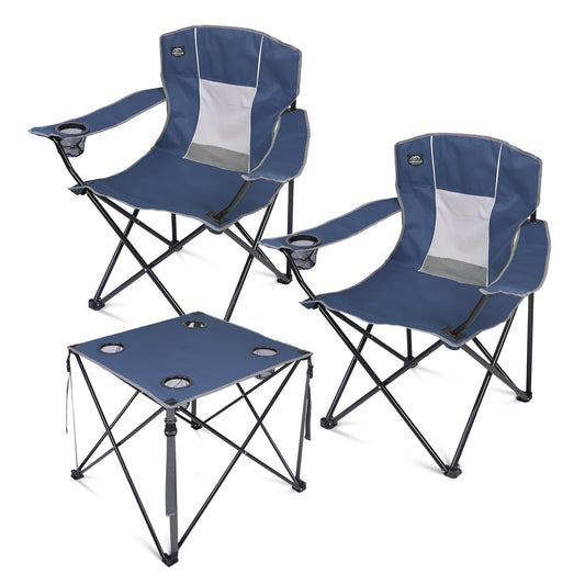 LANMOUNTAIN Oversized 3 Pcs Camping Chair Set with Table,Outdoor Large Folding Lawn Chairs,Lightweight Portable Camp Chair for Adults Hiking,Picnic,BBQ,Travel,Cup Holder,Carry Bag,Blue