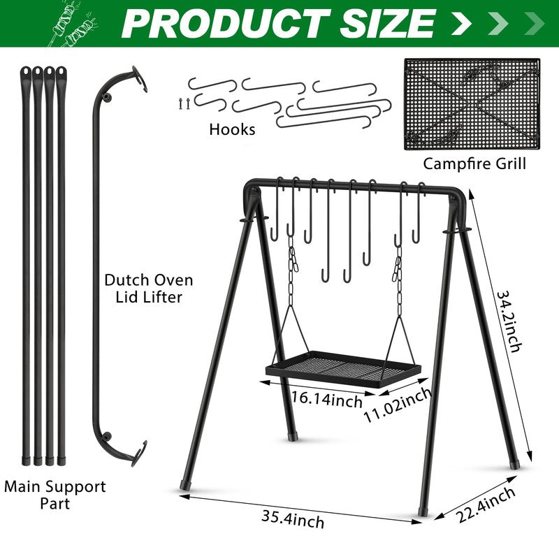 Rossesay Campfire Swing Grill Stand Adjustable Campfire Cooking Equipment Camping Accessories Cookware Hanging Rack with 8 Hooks and Portable Grill Stand for BBQ Picnic Outdoor Party(Normal Tray)
