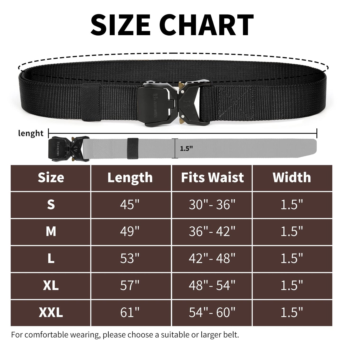 FAIRWIN Tactical Belt for Men, 1.5 Inch Tactical Belts for Men, Casual Men's Belt, Nylon Web Work Belt with Heavy Duty Buckle(Black, L)