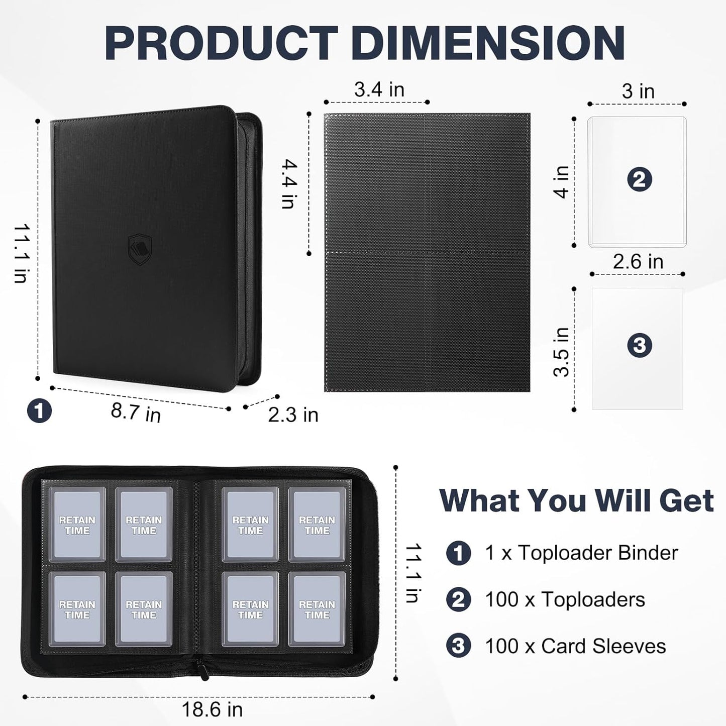 Toploader Binder - 4-Pocket PU Cover for 3" x 4" Rigid Toploaders | Holds 160 Cards, Includes 100 Toploaders