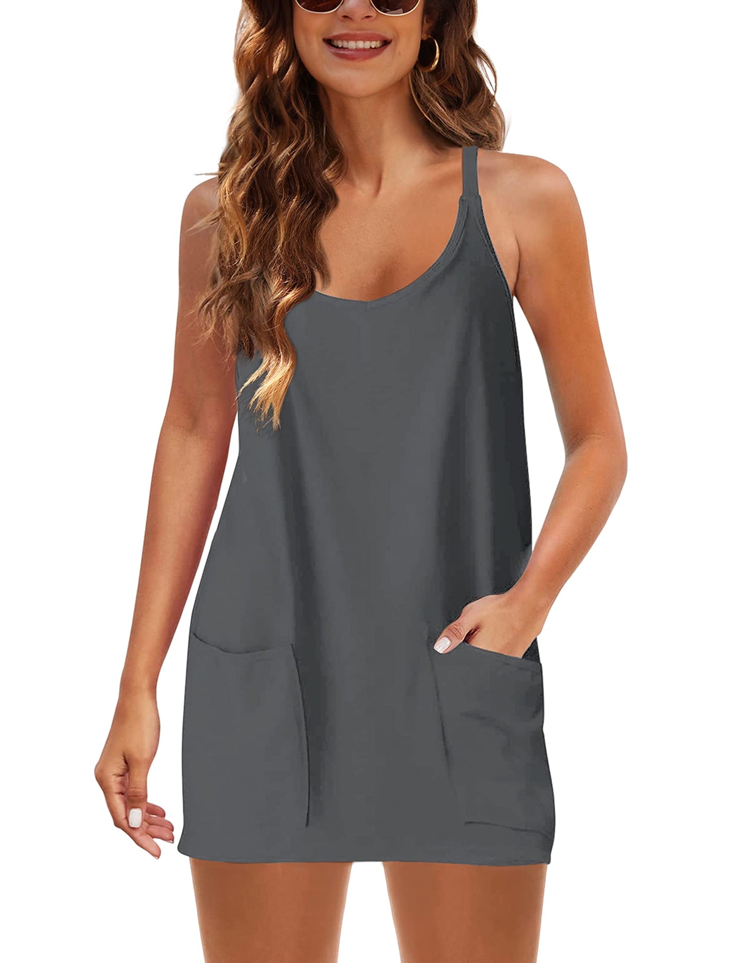 Lentta Womens Athletic Sleeveless Mini Dress with Built-in Shorts V Neck Spaghetti Strap Sundress(Darkgrey-XS)