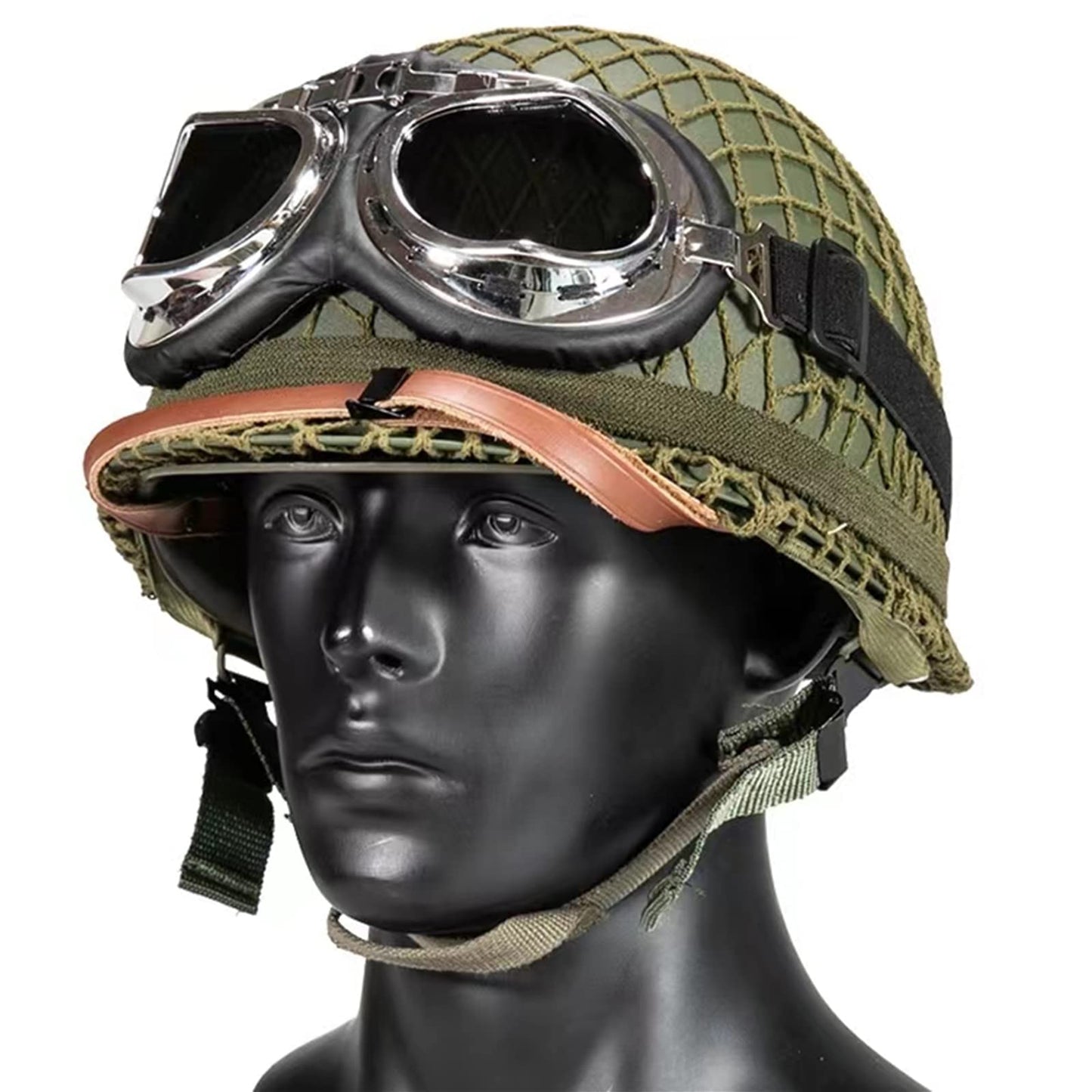 SYLPHID Outdoor Green WW2 US M1 Helmet Steel Field with Net Cover cat Eye Belt and Goggles