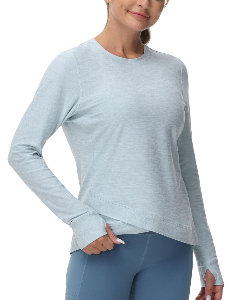 Women's Long Sleeve Compression Shirts Workout Tops Cross Hem Athletic Running Yoga T-Shirts with Thumb Hole Light Blue Heather