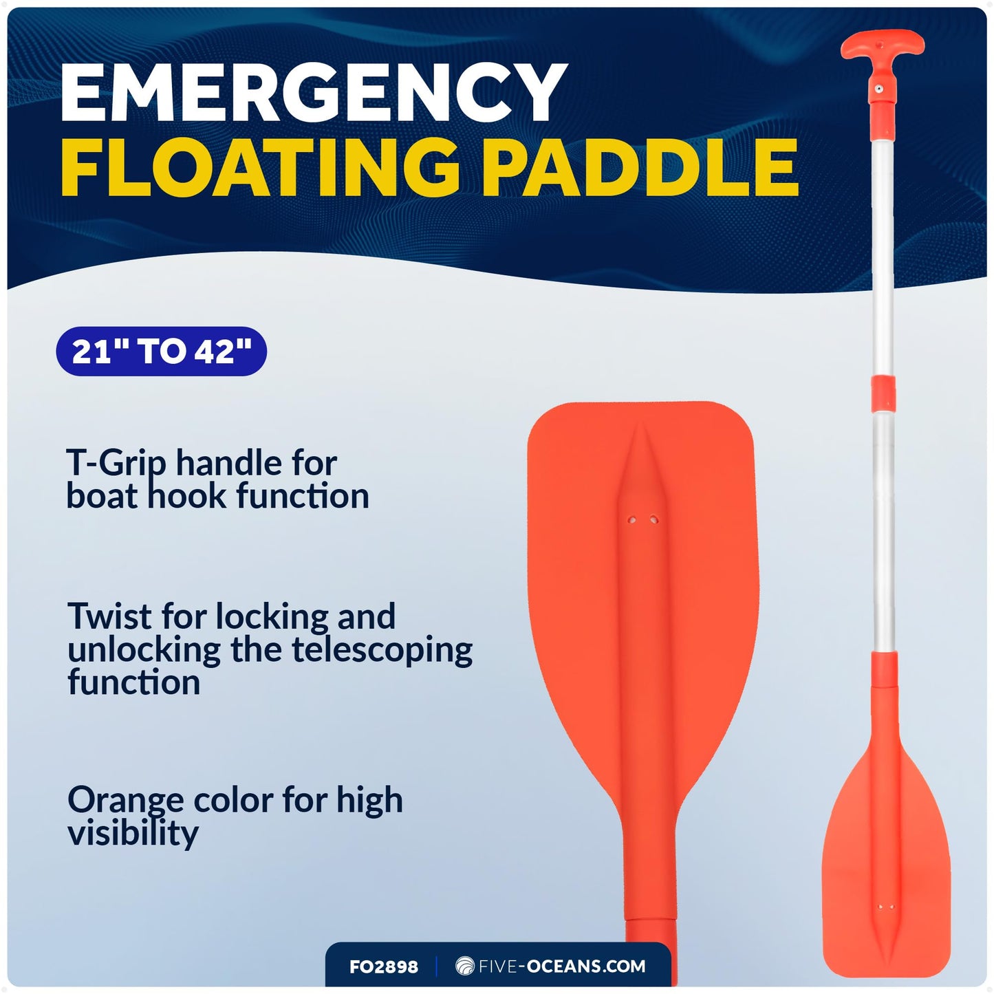 Five Oceans Boat Paddle, Emergency Paddle -Telescoping Paddle, Boat Paddles, Floating Orange Paddle, Extends from 21" to 42", Compact Design for Easy Storage, Strong Anodized Aluminum Shaft - FO2898