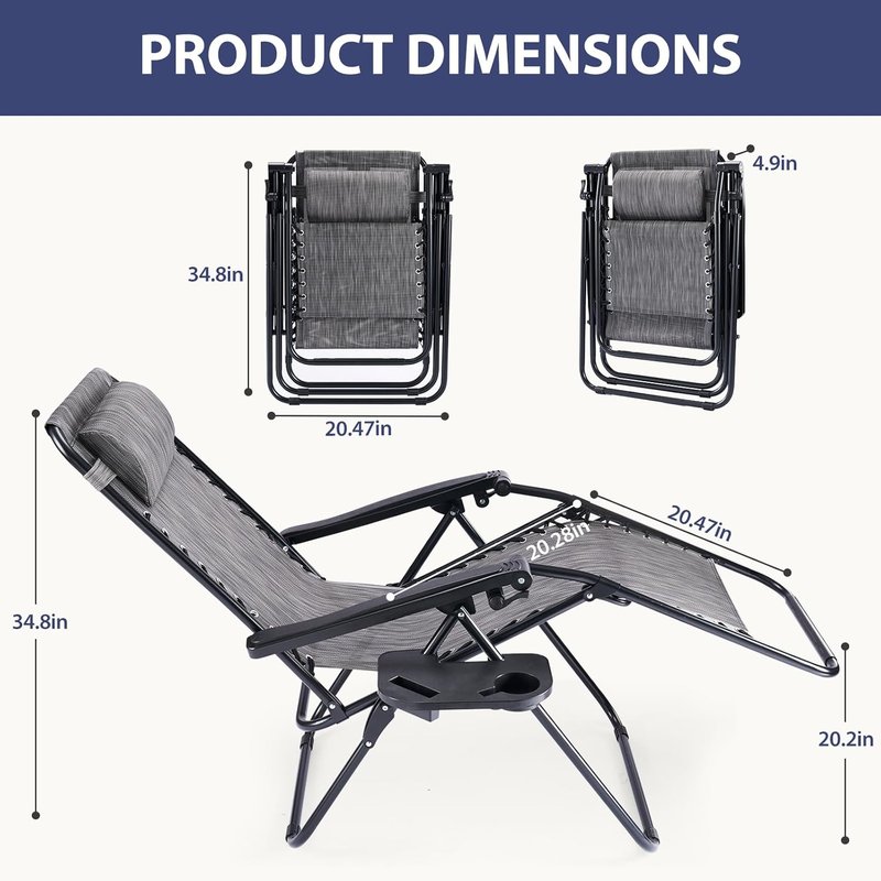 Zero Gravity Chairs - Set of 2 Portable Recliner Beach Lounge Chairs with Cup Holder & Adjustable Pillow | Grey