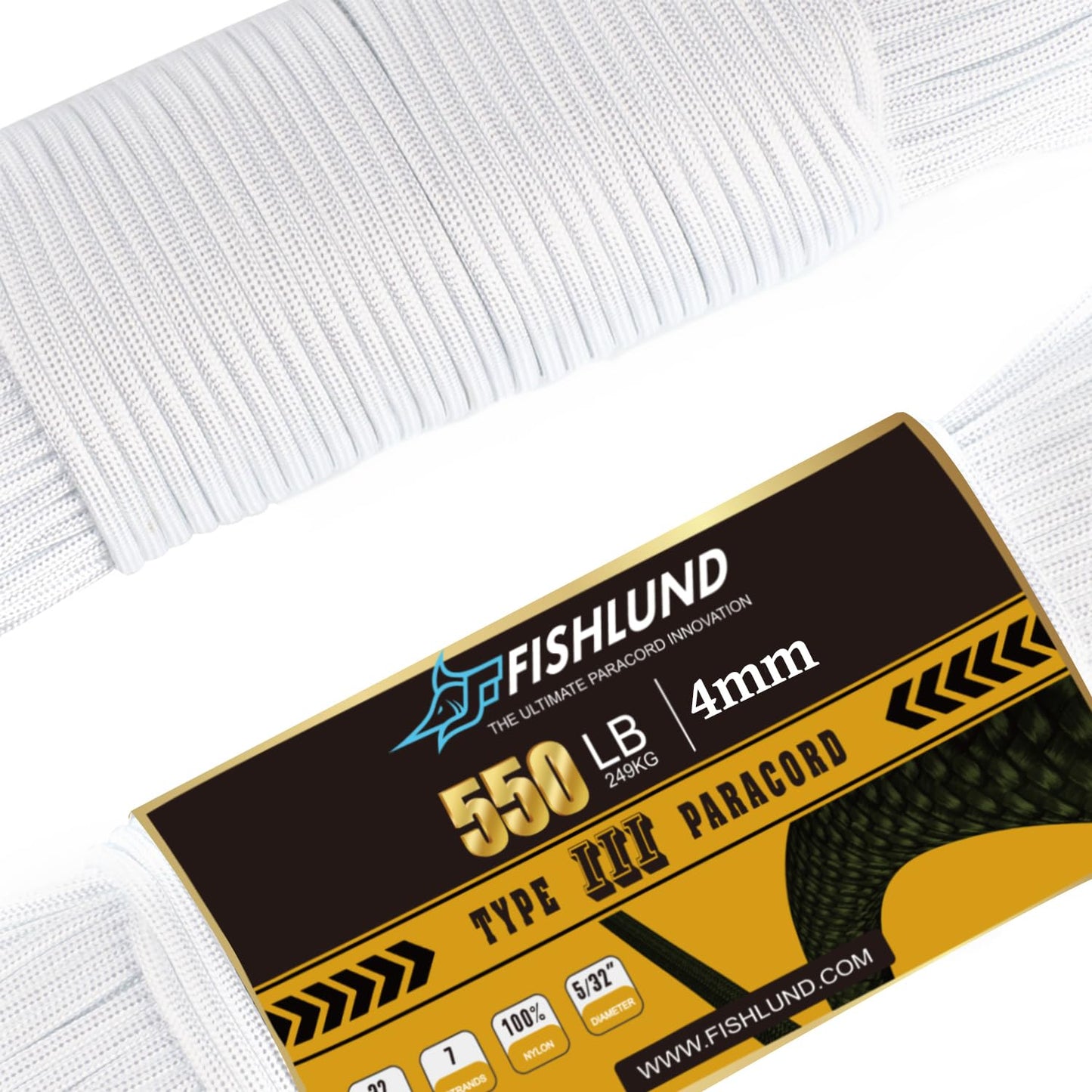 FISHLUND Paracord 550 lb, 7 Strand Paracord Rope 250ft 4mm, Nylon Parachute Cord for Camping, White