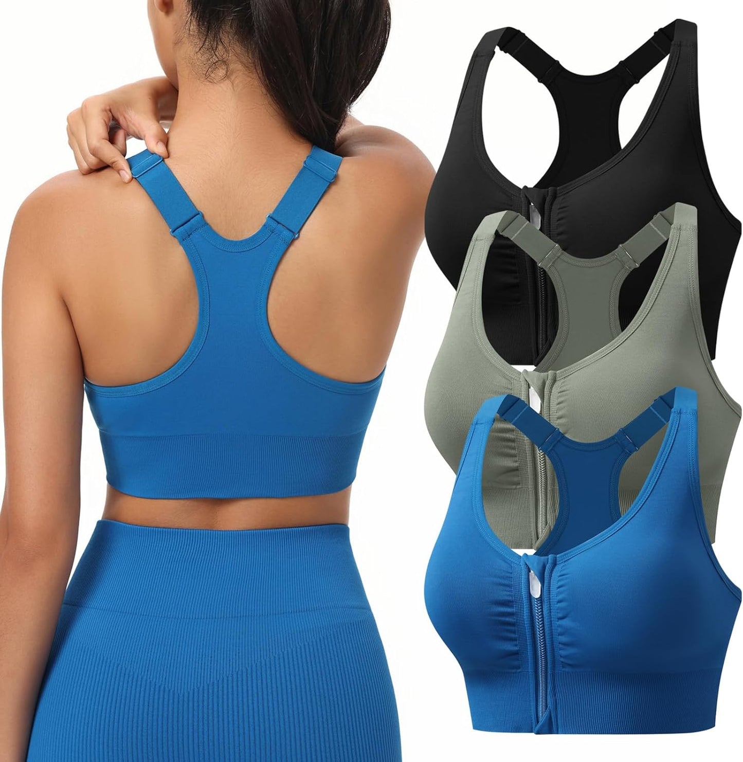 Adjustable Zip Front Sports Bra for Women | Medium Support, Padded, Racerback Design, Seamless Yoga Athletic Bra
