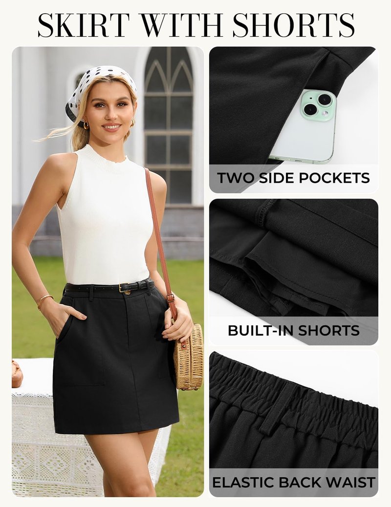 Kate Kasin Women Linen Mini Skirt with Shorts Underneath, High Waisted A Line Skort with Pockets, Dressy Casual Work Skirts Black Skirt