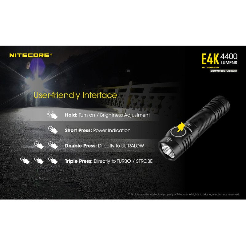 Nitecore E4K 4400 Lumen EDC Compact Rechargeable Flashlight with LumenTac Organizer
