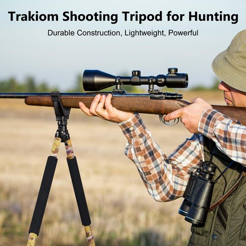 Trakiom Hunting Bipod, Shooting Tripod, Adjustable Shooting Bipod with 360° V Yoke Rest, Twist Lock, Lightweight Aluminum Frame, High Density Foam Handle and Spike Feet (Camo, 24.8"-47.2")