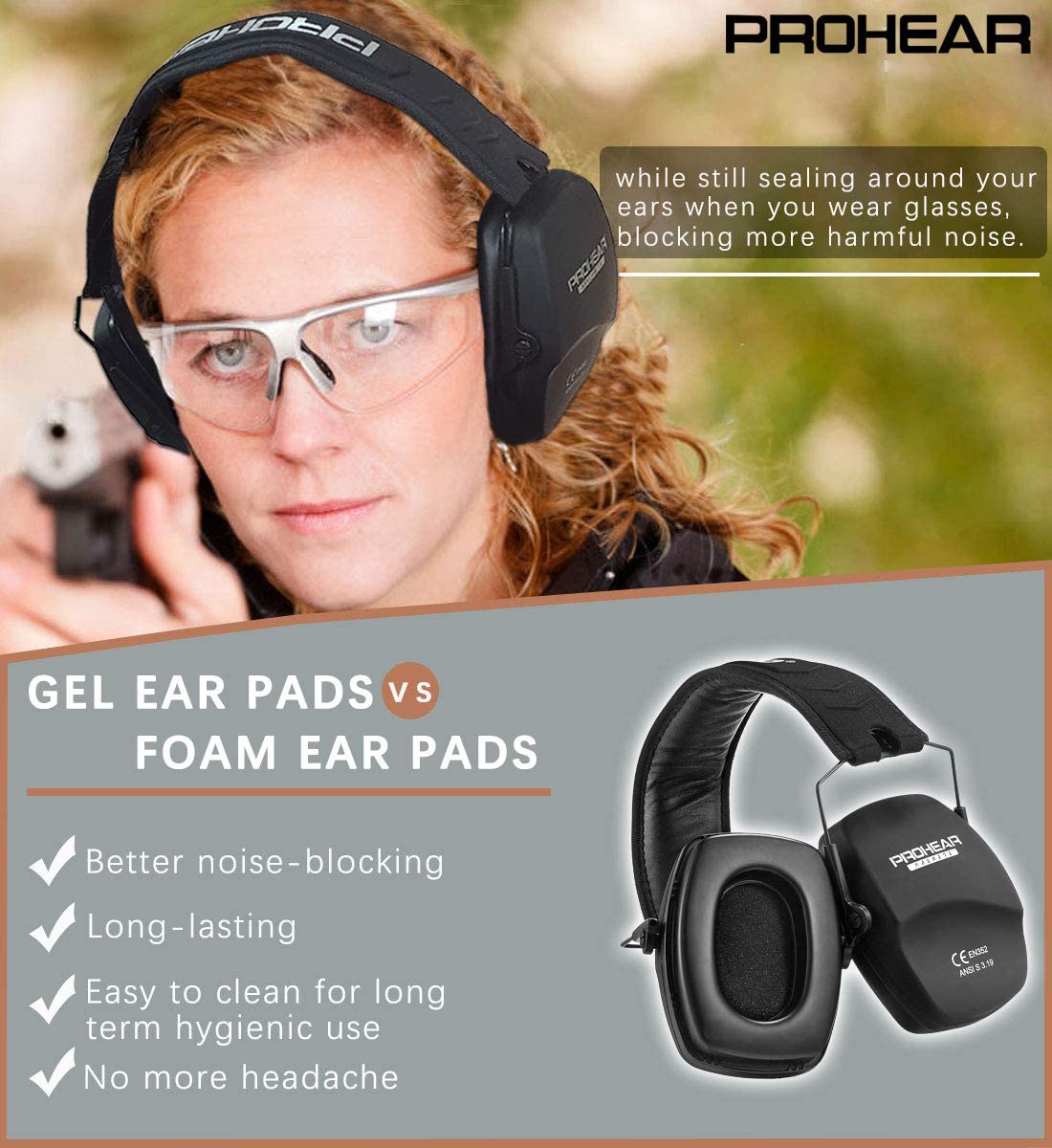 PROHEAR 016-Gel Shooting Ear Protection Safety Muffs with Gel Ear Seals, NRR 26dB Noise Reduction Slim Low Profile Passive Earmuffs, Light Weight Folding Hearing Protector for Airsoft, Hunting (Black)