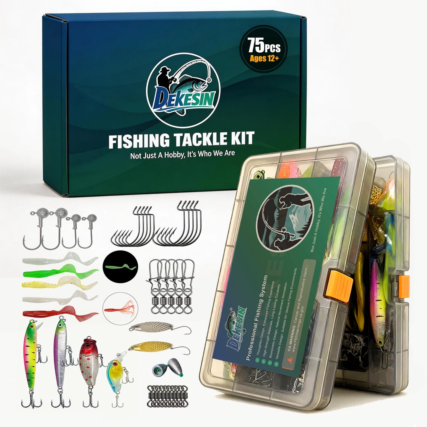 DEKESIN Bass Fishing Starter Kit 75pcs Small Tackle Box Set