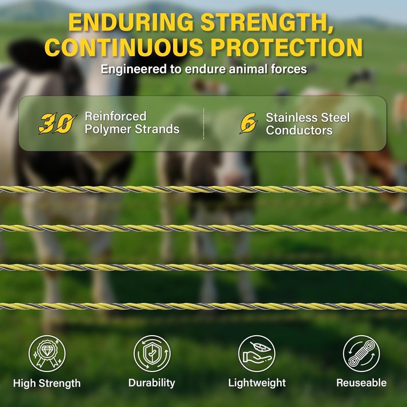 Electric Fence Wire - 5050 Ft Polywire with 6 Stainless Steel Strands for Reliable Conductivity | Ideal for Portable Livestock Fencing