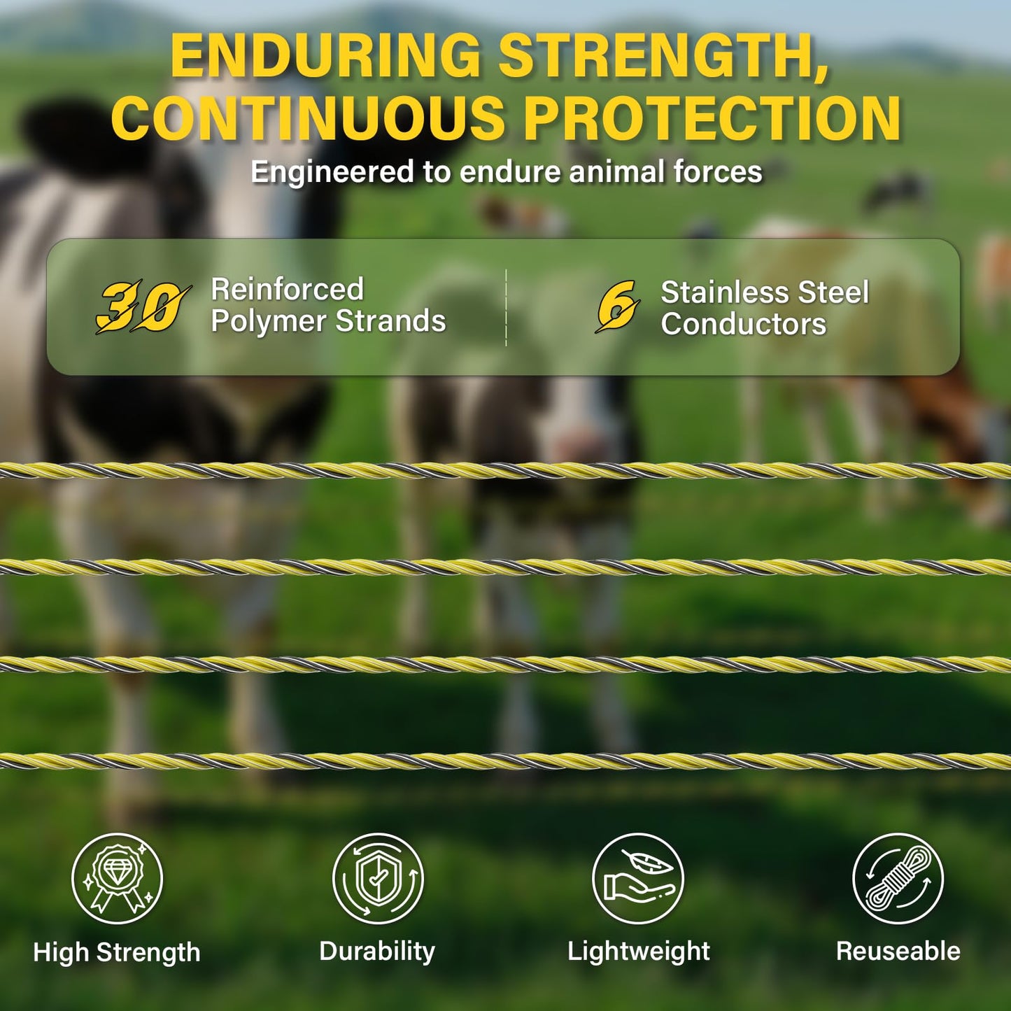 HOKINETY Electric Fence Wire 3366Ft 1026M- 6 Stainless Steel Strands Polywire for Reliable Conductivity - Electric Fence Poly Wire for Portable Livestock Fencing
